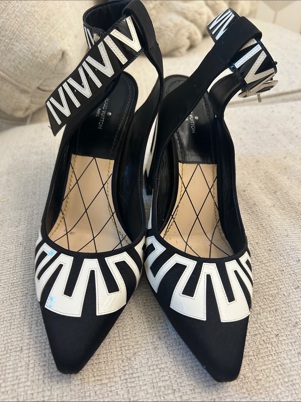 Louis Vuitton Geometric Pointed-Toe Slingback Heels 38.5